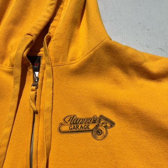 Men's Slappy's Garage Hoodie Yellow Spell-Out L Skateboard San Diego Half Pipe - Picture 3 of 15